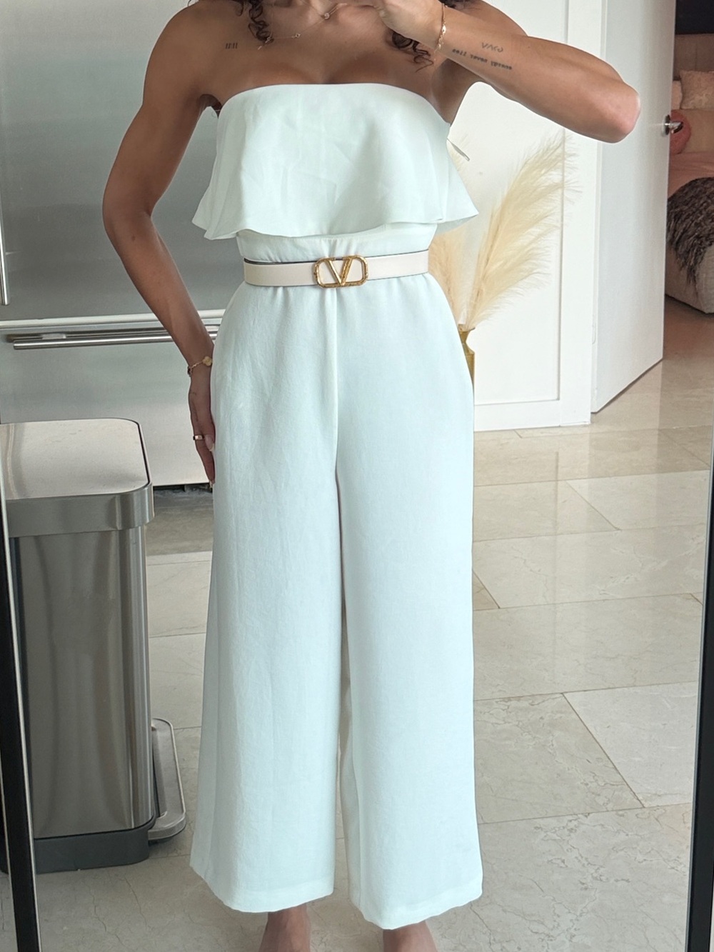 Zara White Strapless Ruffle-Waist Wide-Leg Jumpsuit